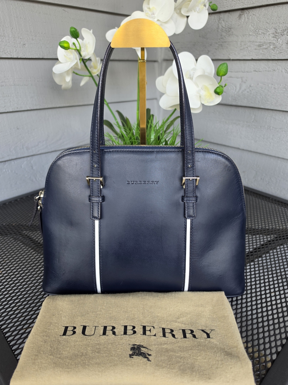 Burberry Navy Leather Dome Satchel with White Stripe Accents With Dust Bag